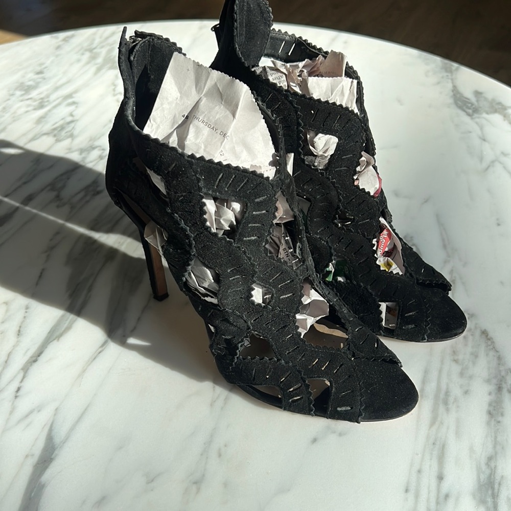 Zara Womens Caged Heels Stiletto Faux Suede Black Peep Toe 39 EU/8 US